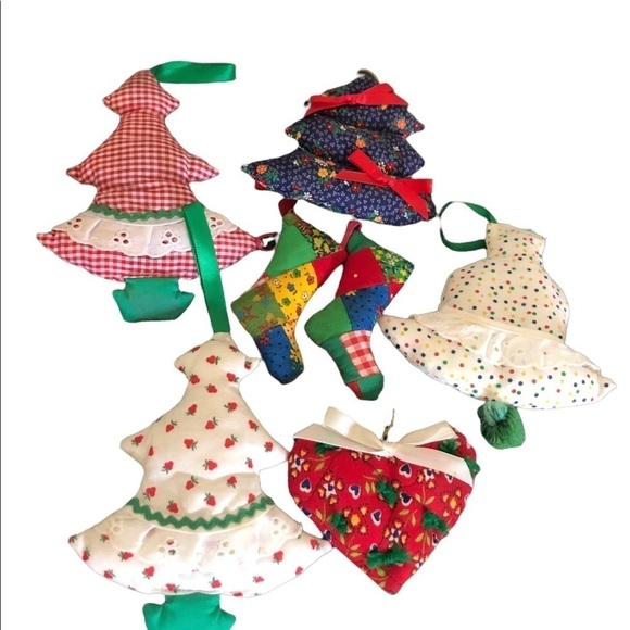 Handmade Farmhouse 7PC Christmas Printed Fabric Plush Hanging Ornaments Boho - Picture 1 of 3